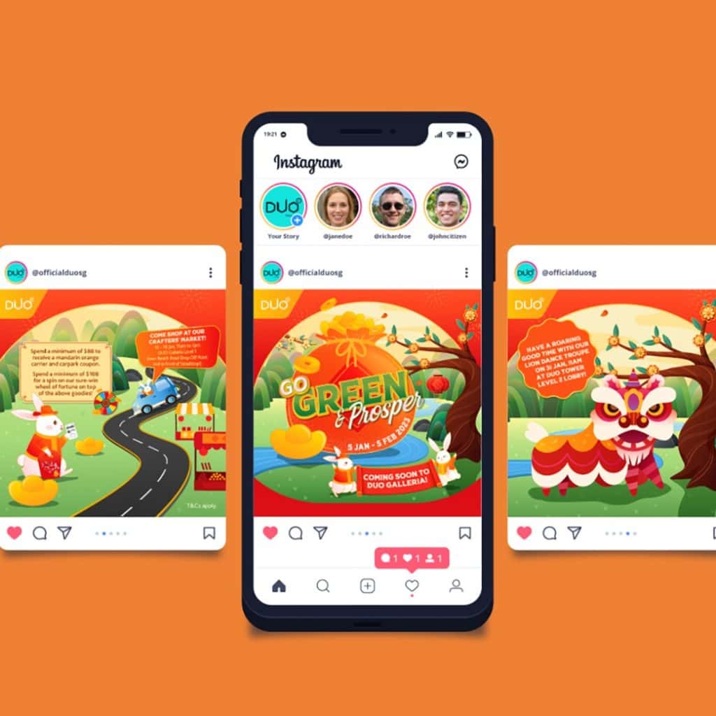 Mockup displaying Instagram posts for DUO Galleria's Chinese New Year 'Go Green & Prosper' event