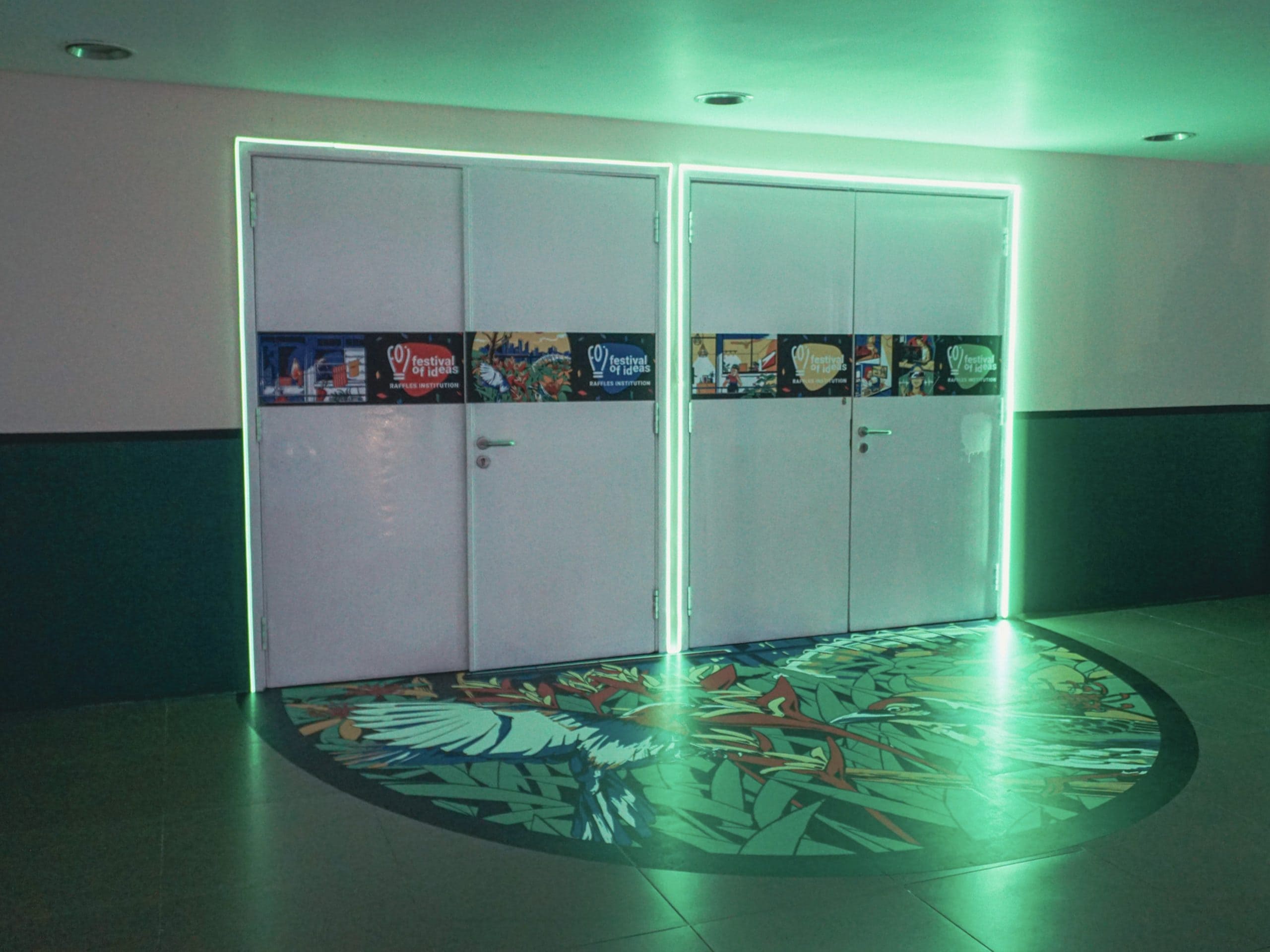 Decorated entrance doors for the Festival of Ideas event at Raffles Institution