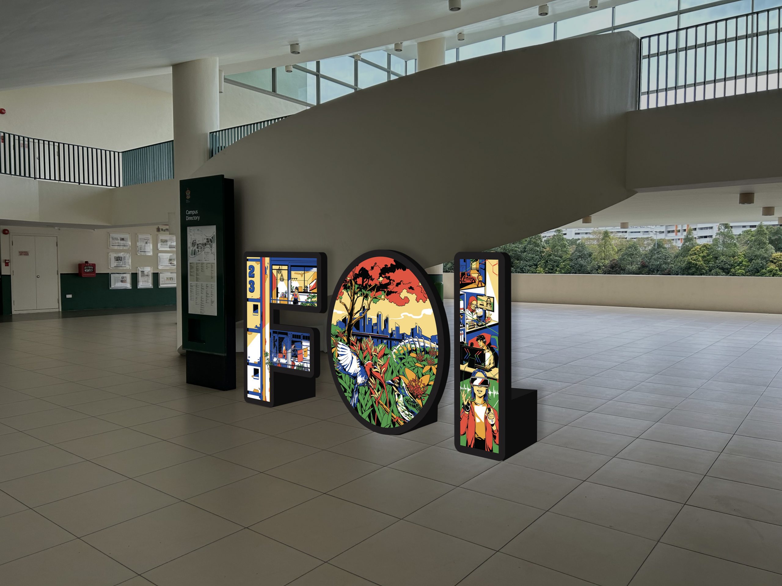 Artistic 'FOI' letter displays for the Festival of Ideas event at Raffles Institution, set up by event planning companies