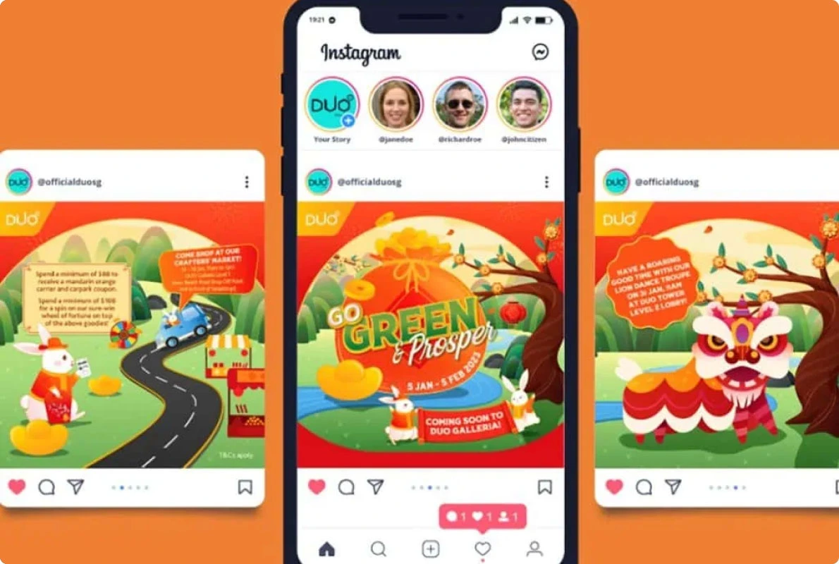 Creative services showcase displaying vibrant Lunar New Year social media posts on Instagram