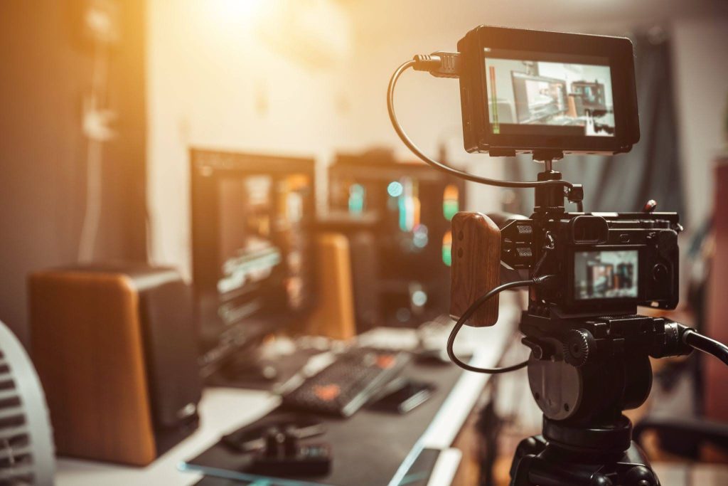 Camera and monitor setup used to livestream a hybrid event from the production desk